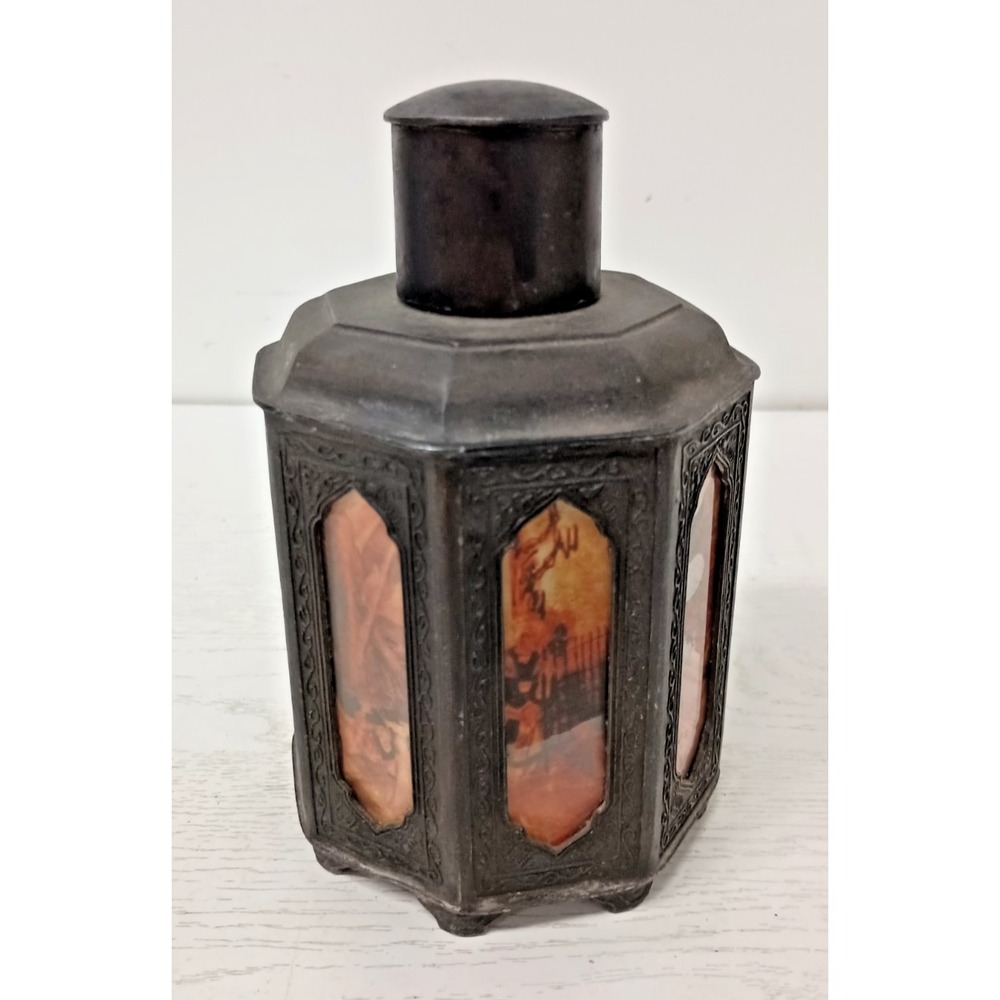 Antique 19th Century Chinese Pewter Tea Caddy Octagonal Painted Glass Panels